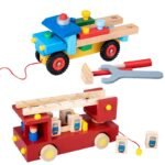 Wooden Toy Fire Truck & Car Transport Vehicle Set for Kids 